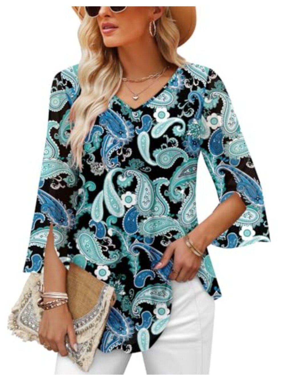 Women's 3/4 Sleeve V-Neck Mesh Tunic Blouse Soft Stretchy Casual Flowy Top